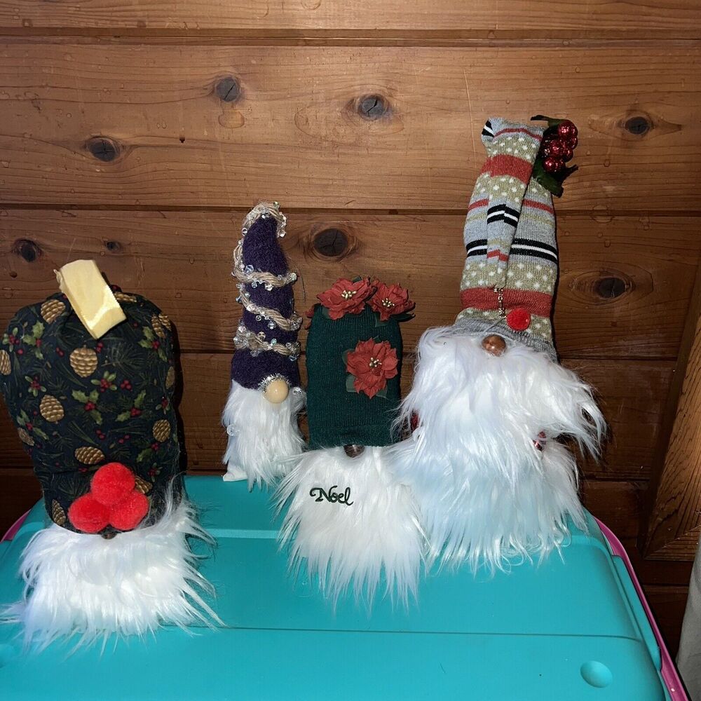 Handmade Weighted Gnomes White Beards Poincetta Gems Different Sizes Lot Of 4